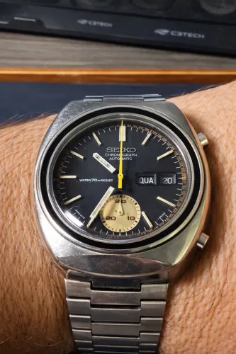 Seiko 6139-8002 cronógrafo automático vintage, anos 70. Racing dial