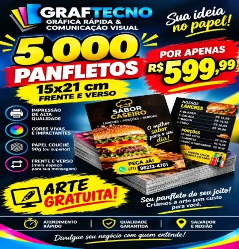 5000 panfletos 15x21 cm frente e verso ! Arte gratuita