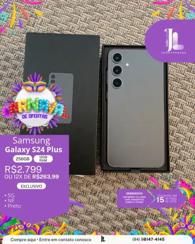 GALAXY S24 PLUS, 5G, 256GB, 12GB RAM, PRETO, SEMINOVO NA GARANTIA, EXCLUSIVO!