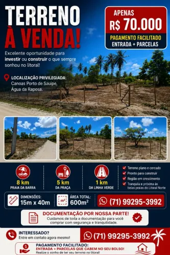 Terreno 600m² em Porto de Sauípe - Entrada + Parcelas - R$ 70 Mil
