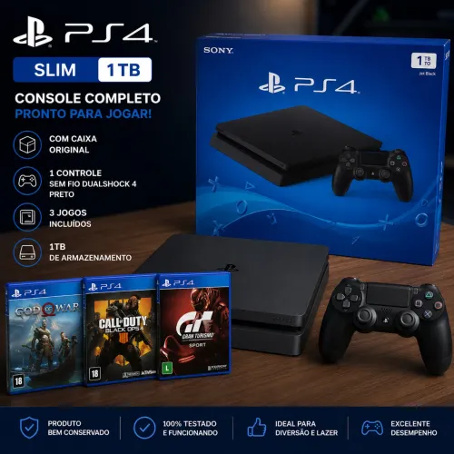 PS4 Slim 1TB Completo - Pronto para Jogar! ?