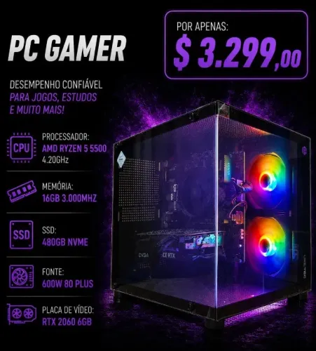 CPU Gamer Ryzen 5 5500 4.2Ghz / Mem 16Gb / SSD 480Gb / RTX 2060 6Gb (aceito cartão)