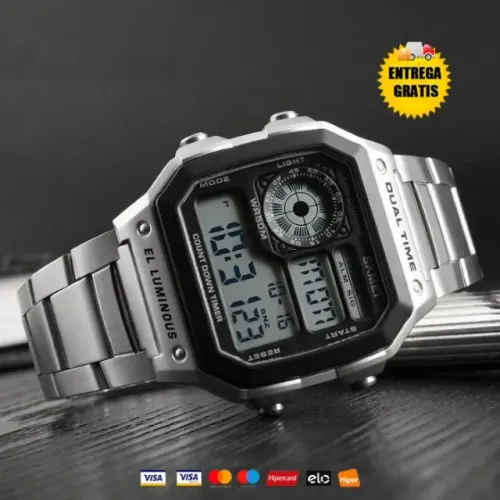 Relógio Digital Prata Pulseira Inoxidável A Prova Dagua