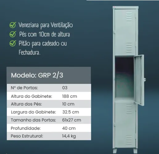 Armário de Aço 03 Portas Médias - Roupeiro de Aço - GRP2/3