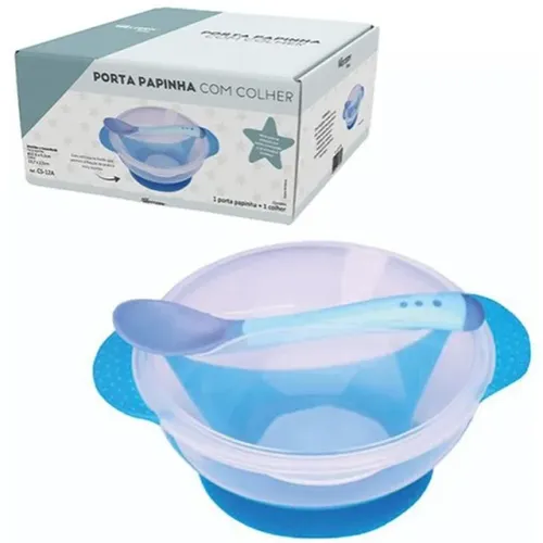 Kit Papinha Tigela C/ Ventosa Colher De Plastico azul