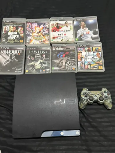 PS3 + 1 Controle + 10 jogos originais.
