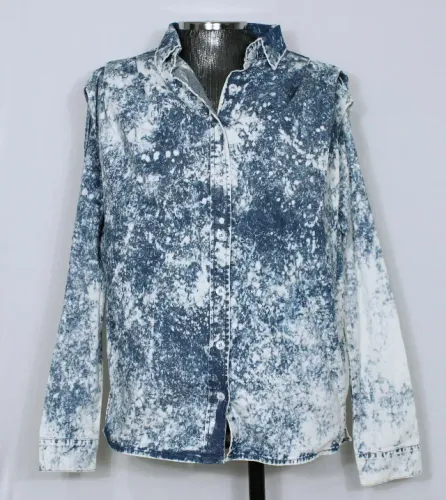 Camisa social alfaiataria feminina jeans manga bufante - Veste P/M - Ref. 3061