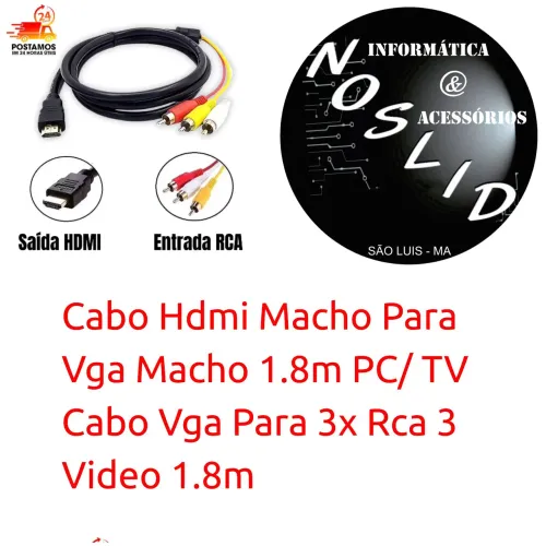 Cabos HDMI, VGA e RCA para PC/TV