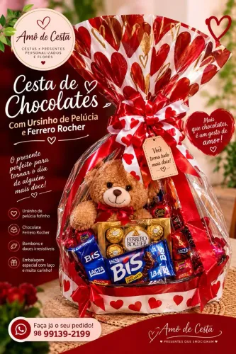 Cesta Café da Manhã Com Ursinho e Ferrero Rocher.