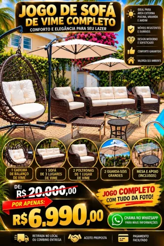 Jogo de sofás de vime e guarda sol
