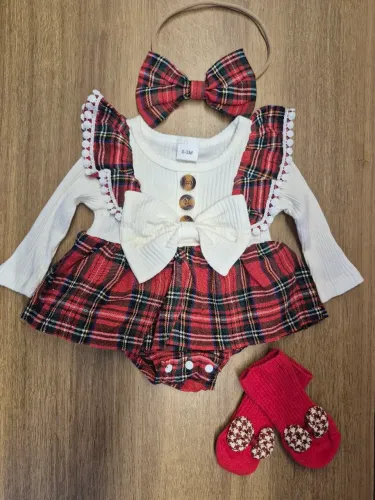 1 a 3 meses Kit vestido body + faxinha de cabelo + meias
