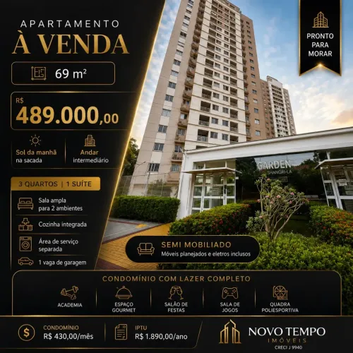 Apartamento com 3 quartos a venda no condomínio Garden Shangrilá, Cuiabá-MT