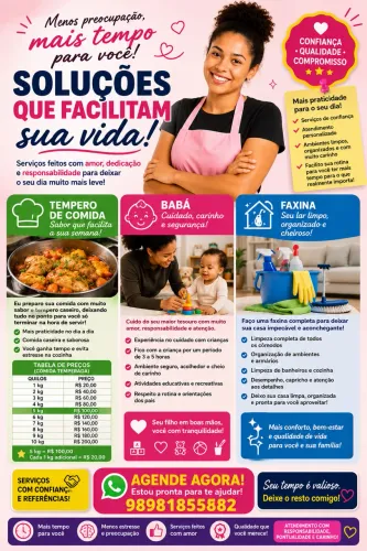 Babá, diarista, tempero e preparo de comidas 