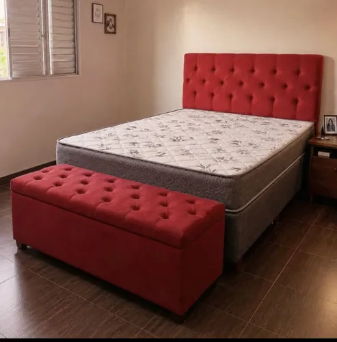 CAMA BOX CASAL + CABECEIRA + BAÚ RECAMIER