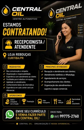 Contrata-se Atendente/ Recepcionista Rede de Centro Automotivo