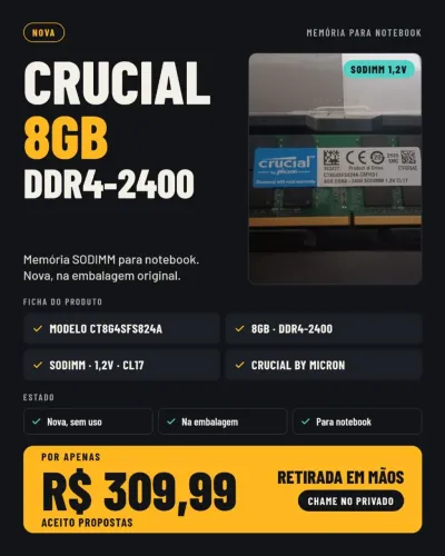 ? MEMÓRIA RAM CRUCIAL 8 GB DDR4-2400 ? NOVA E NA EMBALAGEM!