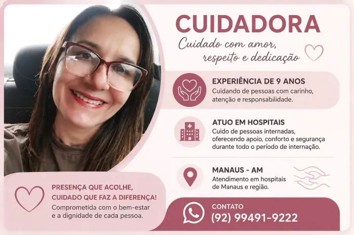 Cuidadora de idoso e acompanhante hospitalar por diária
