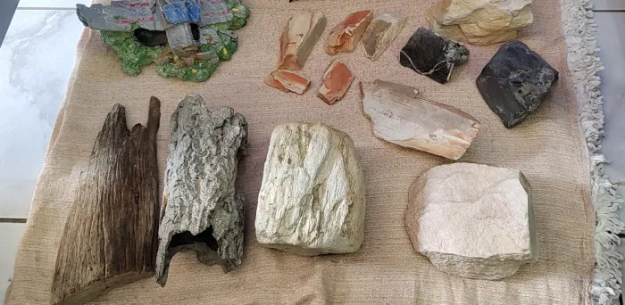 Pedras e plantas ornamentais, diversas cores e tamanhos