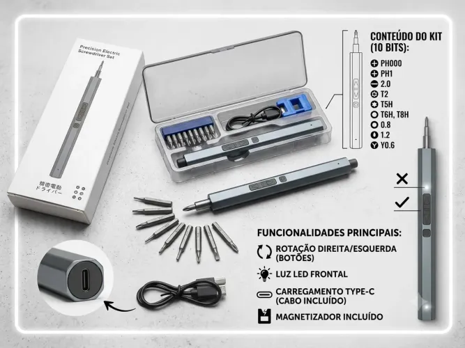 Kit Parafusadeira Elétrica De Precisão Recarregável Type-C + 10 Bits + Magnetizador