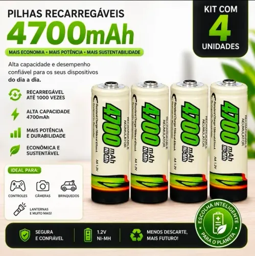 Kit com 4 Pilhas Recarregáveis 4700mAh