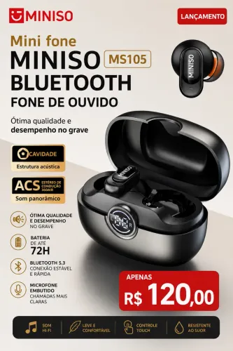 Lançamento fone via bluetooth miniso 