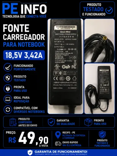 Fonte Carregador Notebook 18,5V 3,42A Funcionando