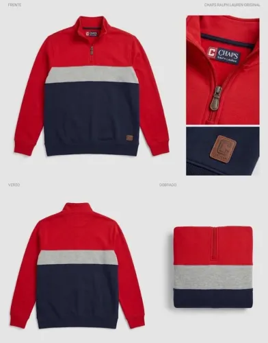 Moletom Fleece Chaps Meio Zíper Colorblock - Tamanho G