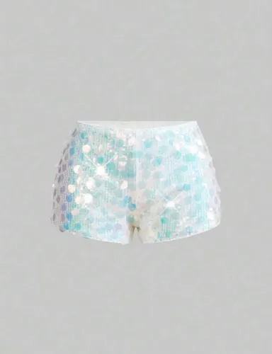 Short curto feminino de cintura super baixa com lantejoulas brilhantes