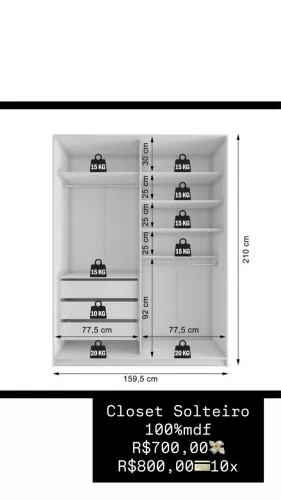 Closet solteiro 100%MDF