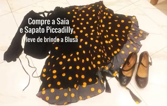 Saia de Transpassar estilo Flamenco Kit com Sapato Verniz Leve a Blusa de Brinde