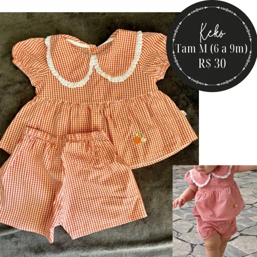 Conjunto Keko Baby em algodão, estampa vichy, laranja, Tam M (6 a 9 meses)