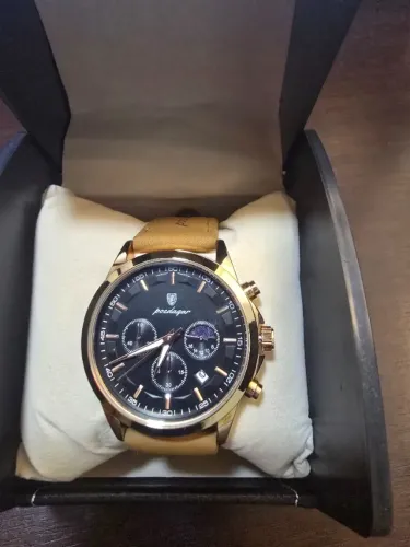 Relógio Poedagar Machine Caixa Rose Gold Pulseira Couro Caramelo Fecho Borboleta 42mm 3ATM