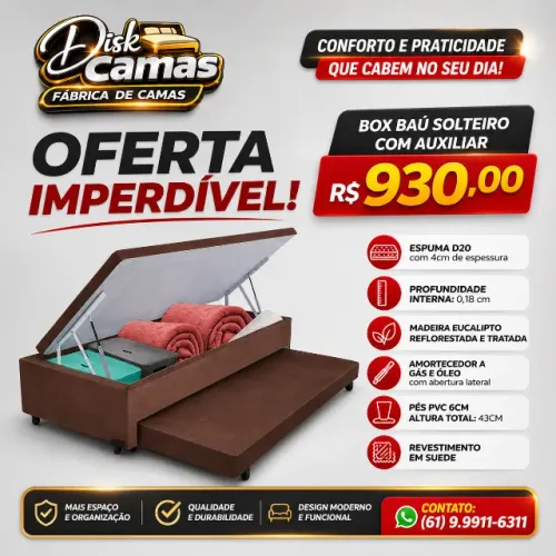 BOX BAÚ SOLTEIRO COM AUXILIAR - MAIS ESPAÇO, CONFORTO E ORGANIZAÇÃO PARA SEU QUARTO!