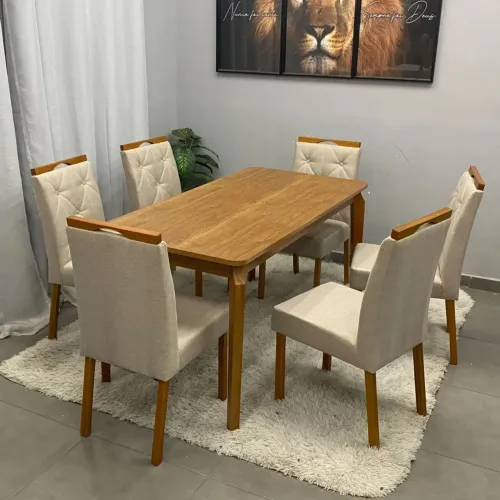 Mesa de Jantar Alegra 160x80cm Sem Vidro e 6 Cadeiras Jasmim em Linho_ pronta entrega