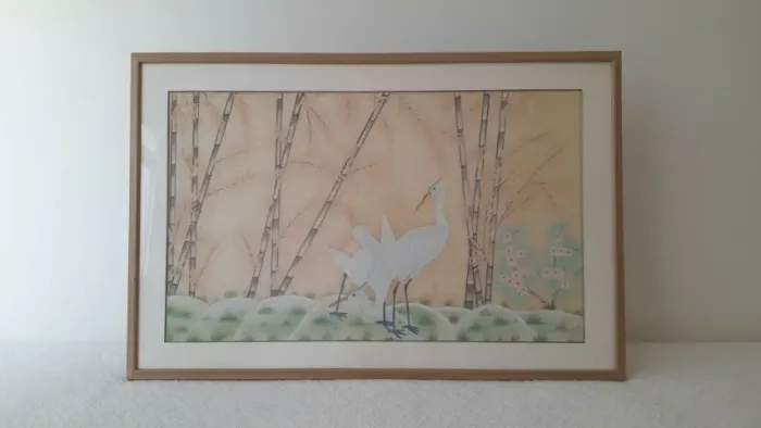 Quadro Antigo Batik Indiano - Garças com Cores Pastéis (1,00x0,66m)
