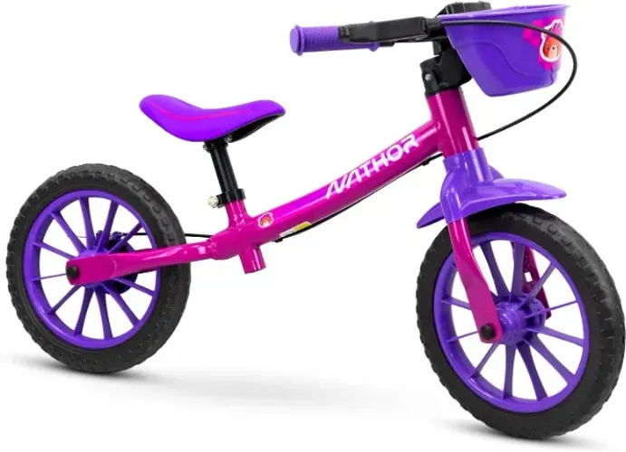NOVA Bicicleta de Equilibrio Infantil Aro 12 Menina Rosa Nathor com Cestinha Balance Bike 