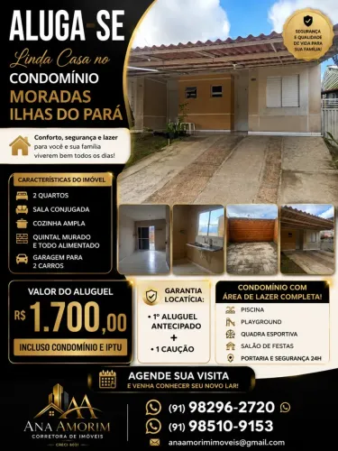 Casa 2 Quartos no Condomínio Moradas Ilhas do Pará | Quintal | R$ 1.700