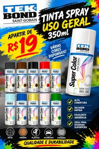 Tinta Spray Uso Geral 350ml-TekBond,Consulte cores e valores!