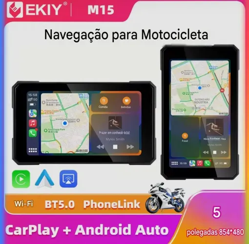 GPS Moto Tela 5 CarPlay Android Auto Sem Fio Prova Dagua EKIY M15