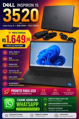 Notebook Dell Inspiron 15 3520 i3 12ª 8GB SSD 256GB Full HD