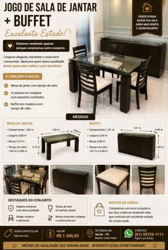 Mesa de Jantar 4 Lugares + Buffet em Madeira com Tampo de Vidro - Excelente Estado