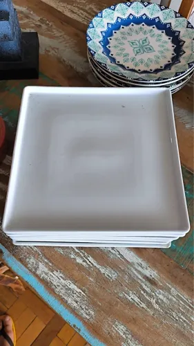 06 Prato Raso Almoço Jantar Quadrado 27 Cm Porcelana Branca