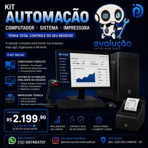 Kit automação computador+monitor+impressora+sistema+leitor código de barras