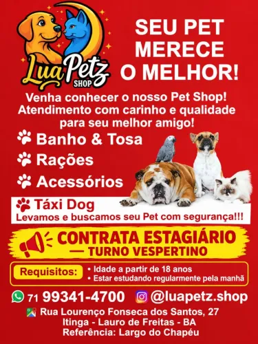 Vaga estagiário atendente pet shop e loja de ração.