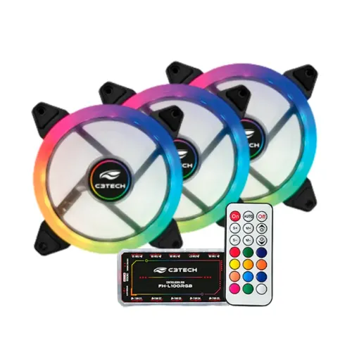 Kit 3 Cooler Fan 120mm C3tech C110F220 com Controladora e Controle ARGB 3P 5V - WZetta