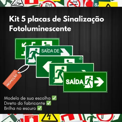 Kit 5 Placas de Sinalização de Emergência Fotoluminescentes Rota de fuga promoção