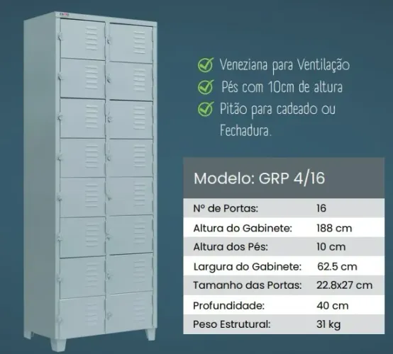 Roupeiro de Aço 16 Mini Portas - GRP4/16