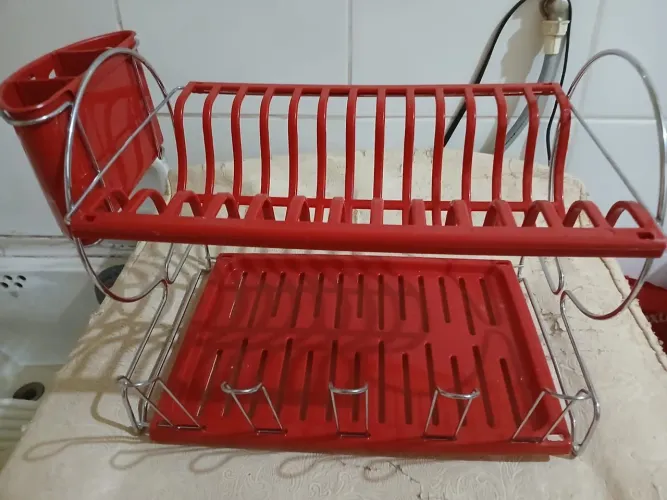 Escorredor de louças vermelho de Inox c/ porta copos e talheres Niquelart 