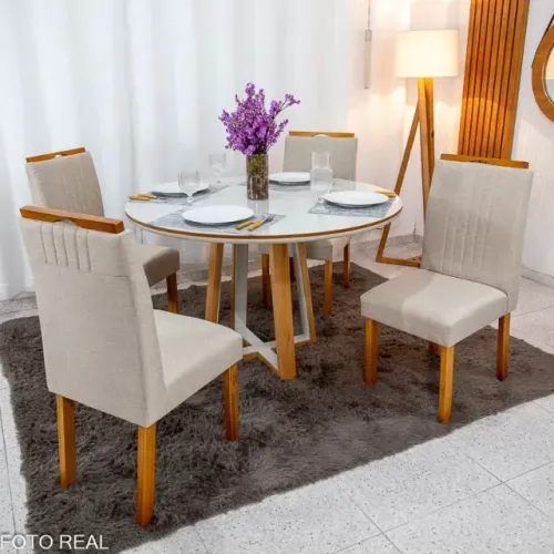 Mesa de Jantar Atlanta Redonda 120cm Vidro Off/Base Madeira + 4 Cad. Atlanta Linho Bege