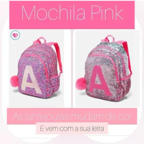 Mochila Escolar Justice Girls Flip Rosa com Lantejoulas e Pompom - Letras C- G - P - Nova